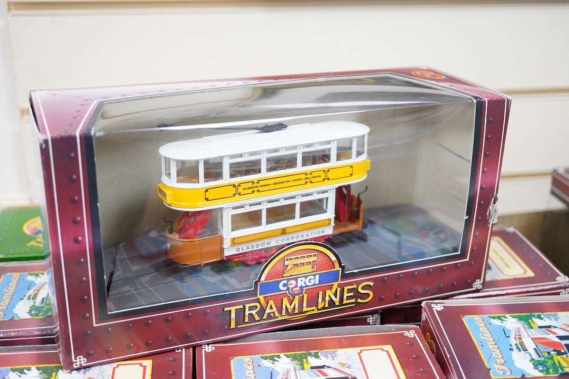 Twenty-four boxed Corgi Tramlines diecast trams, operators include; Portsmouth Corporation, Bath Corporation, London City Council tramways, Southampton Corporation tramways, London tramways, Maidstone tramways, Glasgow C